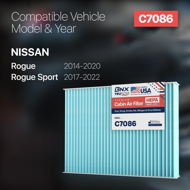 BNX TruFilter C7086 Cabin Air Filter, HEPA 99.97%, MADE IN USA, Compatible With Select Nissan Rogue, Rogue Sport - Image 2